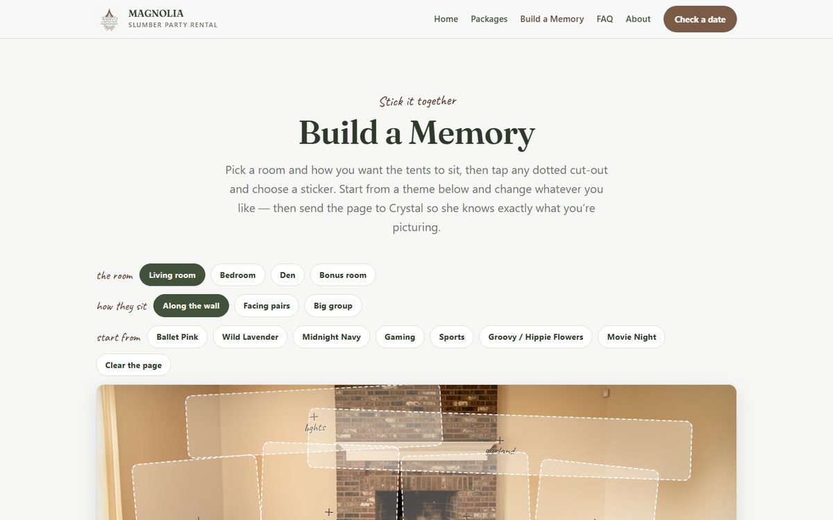 The Build a Memory page: theme and room selectors above a photograph of a living room overlaid with dotted cut-out shapes labelled tent, lights and garland