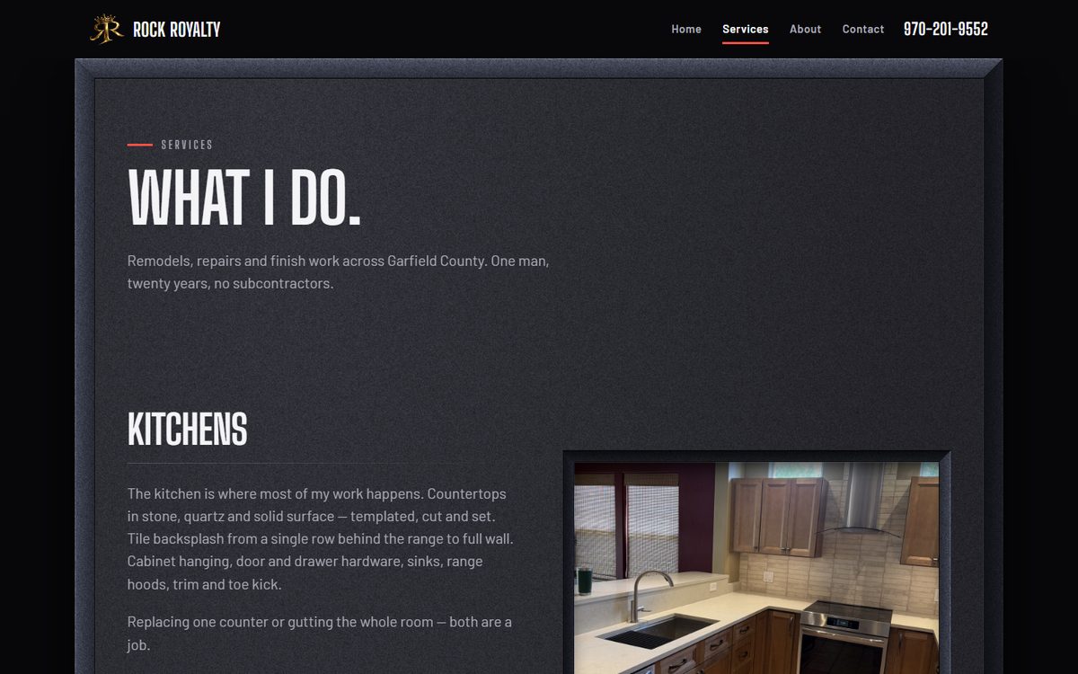 The Rock Royalty services page, listing kitchens, bathrooms, tile and stone and other trades as cards on a dark layout